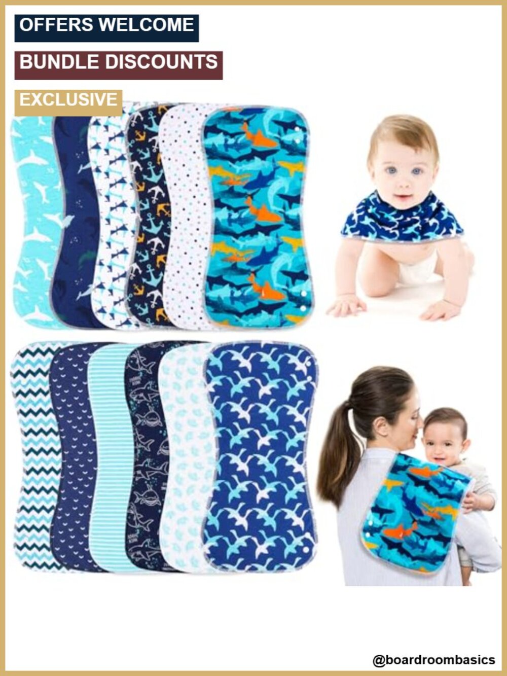 Organic Cotton 3-Layer Burp Cloths 2-in-1 Bibs Large 12 Pack